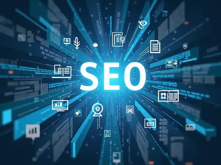 High-tech rendering of the word SEO surrounded by data. An abstract representation that shows the technical elements and benefits of a SEO strategy.